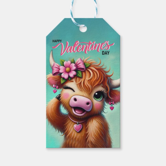 Etiqueta de regalo de vaca de San Valentín Highlan (Anverso)