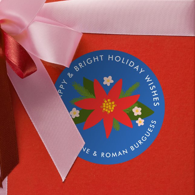 Etiqueta de regalo de vacaciones para Navidades de (bright blue modern poinsettia custom text  Christmas gift sticker)