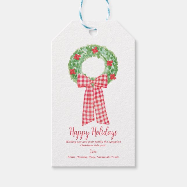Etiqueta de regalo de Wreath Red Gingham (Anverso)