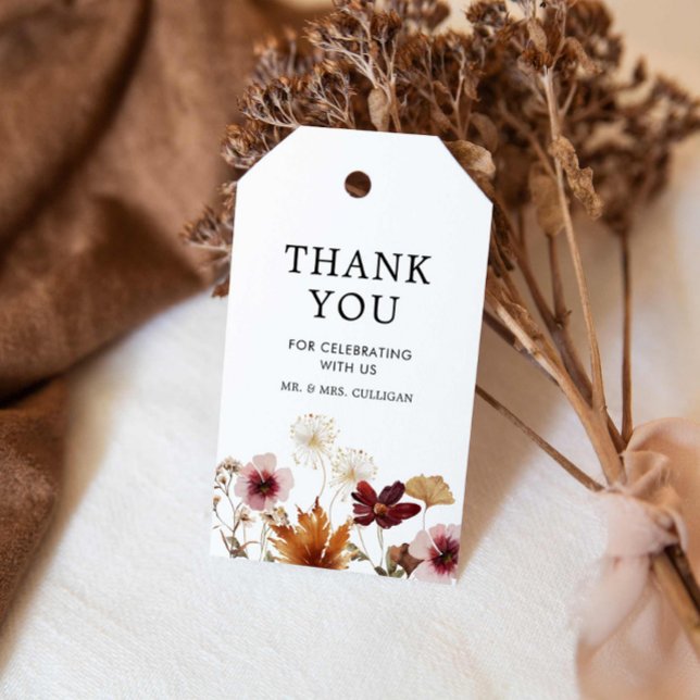 Etiqueta de regalo del Boda floral Boho Burgundy F (Burgundy Fall Floral Wedding Thank you tags)