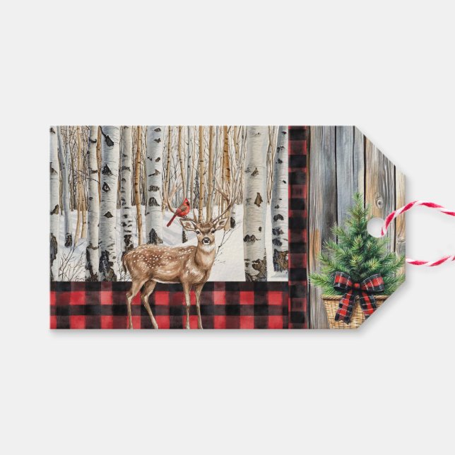 Etiqueta de regalo del cardenal y ciervo de invier (Frente (Horizontal))