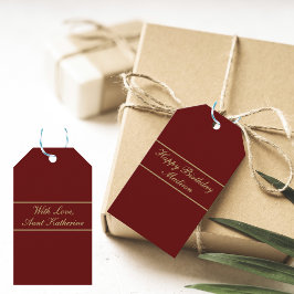 Etiqueta de regalo dorada burgundy con nombre y gu