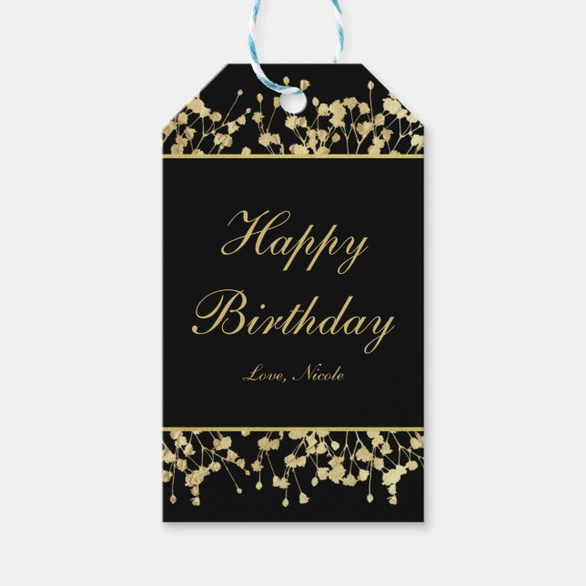 Etiqueta de regalo floral de aliento de bebé negro (Anverso)