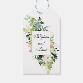 Etiqueta de regalo floral rosada y azul