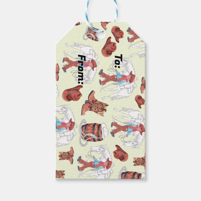 Etiqueta de regalo joven vaquero y caballo occiden (Anverso)