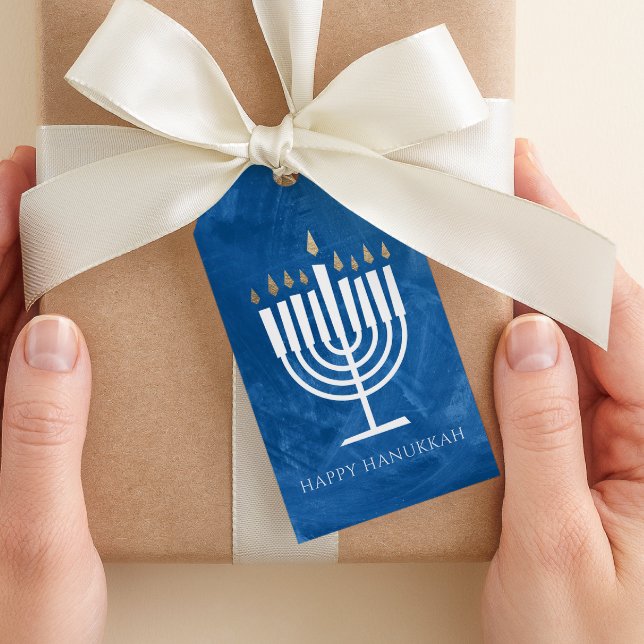 Etiqueta de regalo Menorah Blue Hanukkah (blue watercolor style modern happy Hanukkah gift tag)