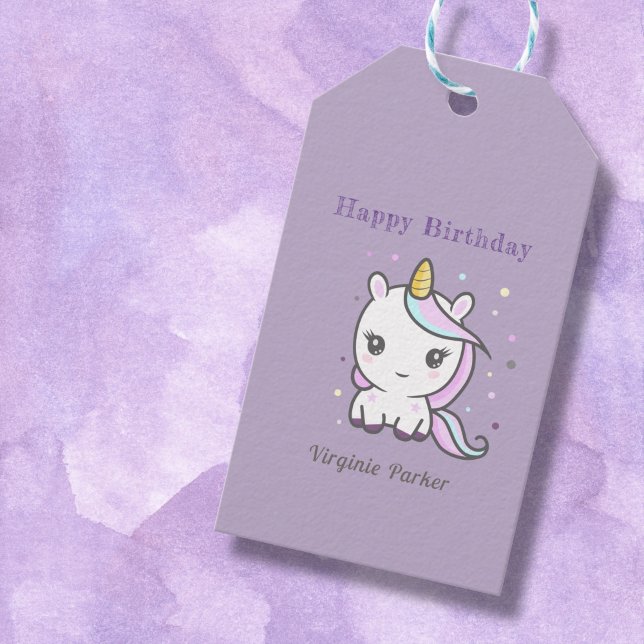 Etiqueta de regalo morado para cumpleaños con unic (Cute Unicorn Purple Gift Tag)