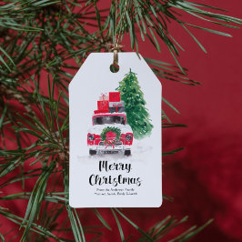 Etiqueta de regalo navideña de coche y árbol