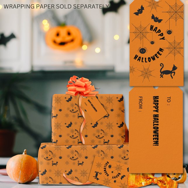 Etiqueta de regalo negra y Naranja de Halloween (Halloween Black & Orange Gift Tag with black cats, cobwebs, spiders and bats.)