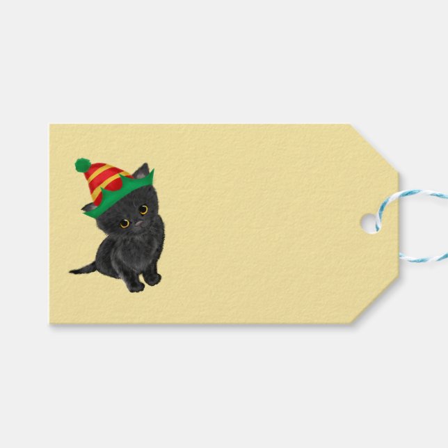 Etiqueta de regalo para Navidades de gatito negro (Frente (Horizontal))