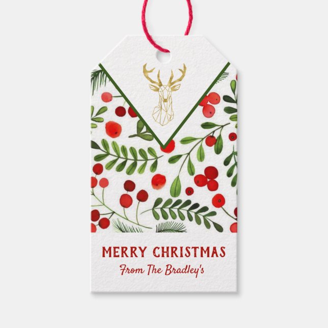 Etiqueta de regalo para Navidades de renos geométr (Anverso)