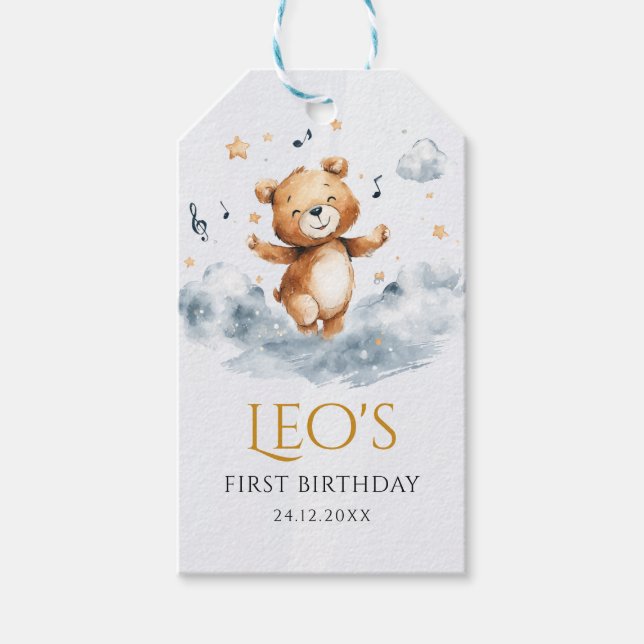 Etiqueta de regalo para primer cumpleaños de oso d (Anverso)