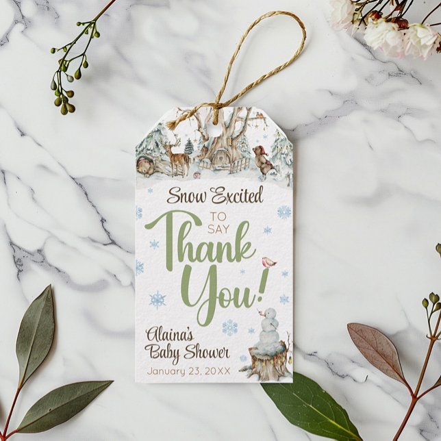Etiqueta de regalo para recuerdo de Baby Shower de (Cute watercolor snowflake Winter Woodland Forest Animals snowman baby shower thank you favor tag)