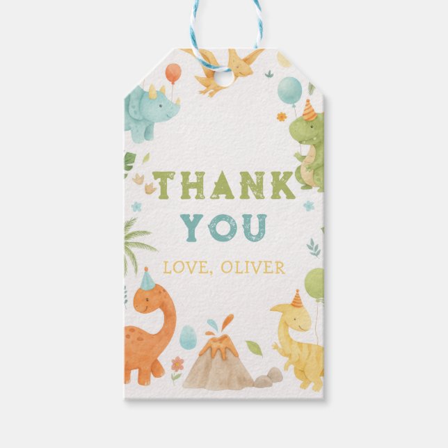 Etiqueta de regalo personalizada de dinosaurio con (Anverso)