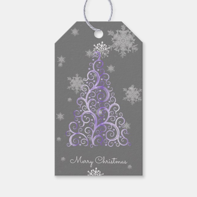 Etiqueta de regalo Purple Christmas Tree and Snowf (Anverso)