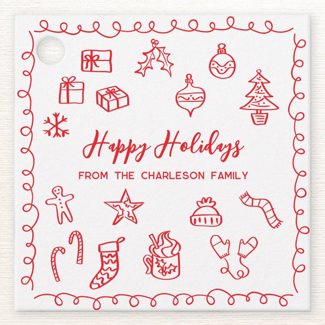Etiqueta de regalo rojo del Ilustracion de esgrima (Personalized red and white hand drawn scribble doodle Christmas holiday gift tag)