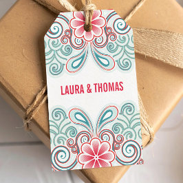 Etiqueta de regalo romántica con flores y espirale
