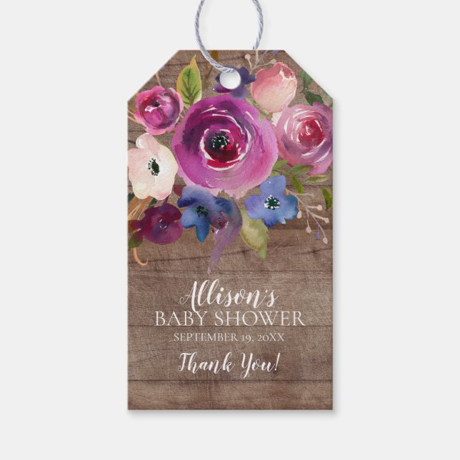 Etiqueta de regalo Rustic Purple Floral Baby Showe (Anverso)