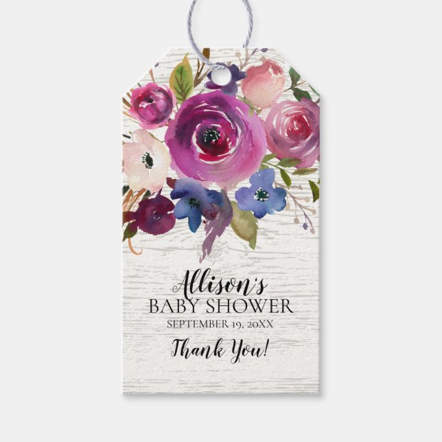 Etiqueta de regalo Rustic Purple Floral Baby Showe (Anverso)
