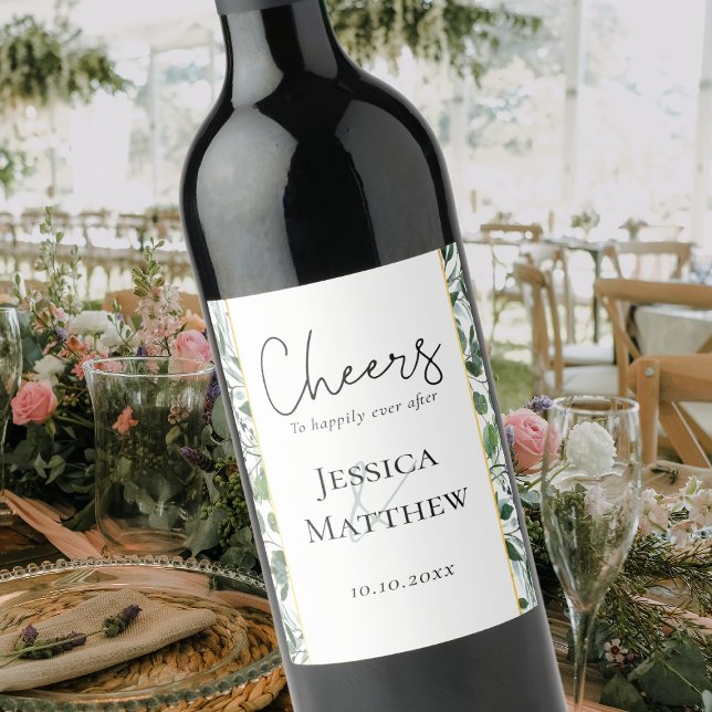 Etiqueta de Relieve metalizado dorado de Eucalipto (Rustic Eucalyptus Gold Foil Wedding Wine Label)