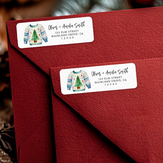 Etiqueta de retorno de puente de navidad (Cozy and festive 🎄 Add charm to your holiday mail with this cute Christmas sweater label.)