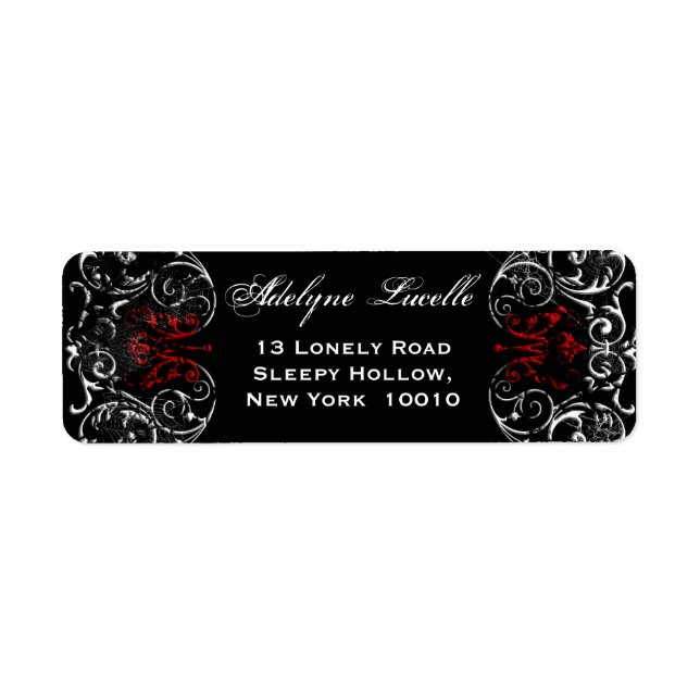 Etiqueta de retorno rojo y negro espeluznante del  (Frente)