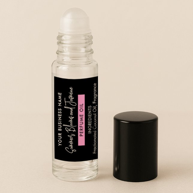 Etiqueta de rollo de aceite esencial para perfume  (Trendy black and pink perfume oil roller bottle product label)