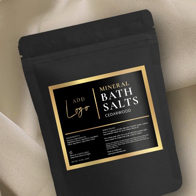 Etiqueta de sales de baño impermeables con logotip (Elegant black and gold bath salts label design with space for your logo and product info)
