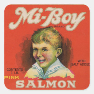 Etiqueta de salmón rosa Mi-Boy de los años 1930