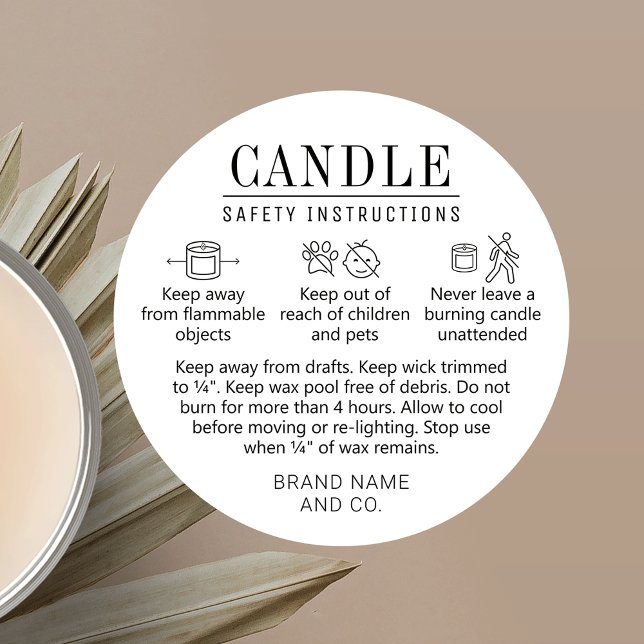 Etiqueta De Seguridad De Velas Con Iconos Blanco N (Minimal candle safety stickers with care icons and fully editable text and colors)