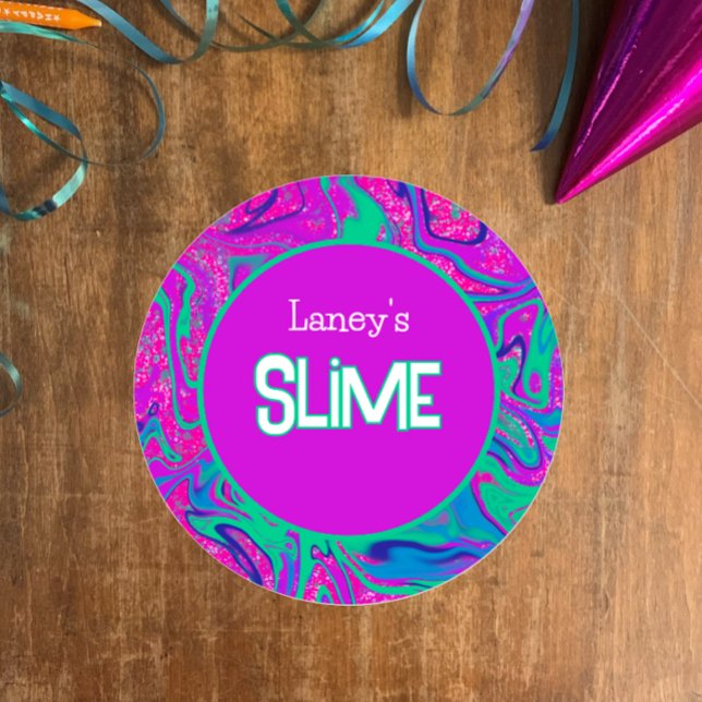 Etiqueta de slime personalizada, Fiesta de slime g (Customize this template label, vibrant purple n teal with faux glitter for slime party or homemade)