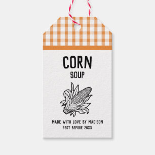 Etiqueta de sopa de maíz con mazorca y patrón a cu
