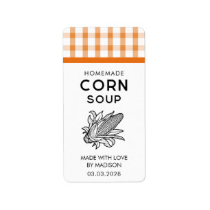 Etiqueta de sopa de maíz con mazorca y patrón a cu