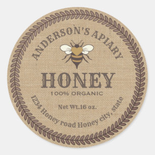 Etiqueta de tarro de miel de abeja de lino de cose