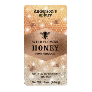 Etiqueta de tarro de miel de abeja de oro de cente