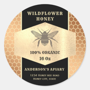 Etiqueta de tarro de miel de abeja dorada de época