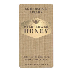 Etiqueta de tarro de miel de abeja dorada de lino