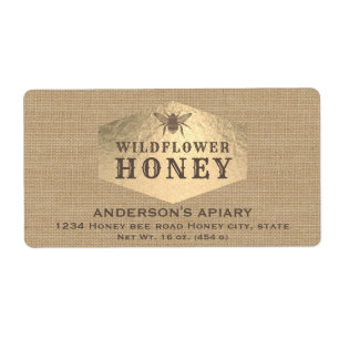 Etiqueta de tarro de miel de abeja dorada de lino