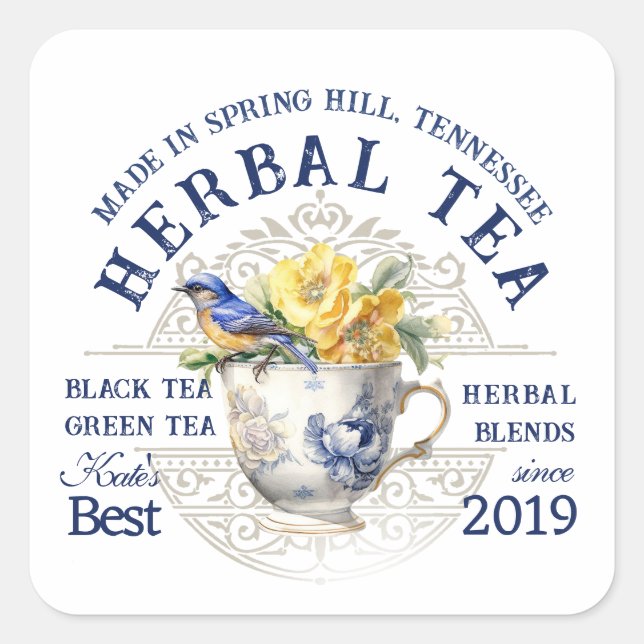 Etiqueta de té artesanal con el pajarito de rosas  (Anverso)