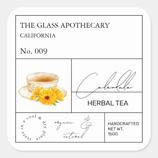 Etiqueta de té herbal de Calendula apoteórica (Anverso)