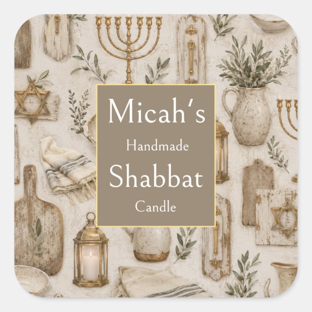 Etiqueta de Vela de Shabbat, Arte Rústico Estético (Anverso)
