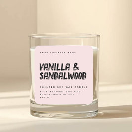 etiqueta de vela de soja rosa con tipografía moder