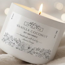 Etiqueta de vela floral con logotipo en blanco y n