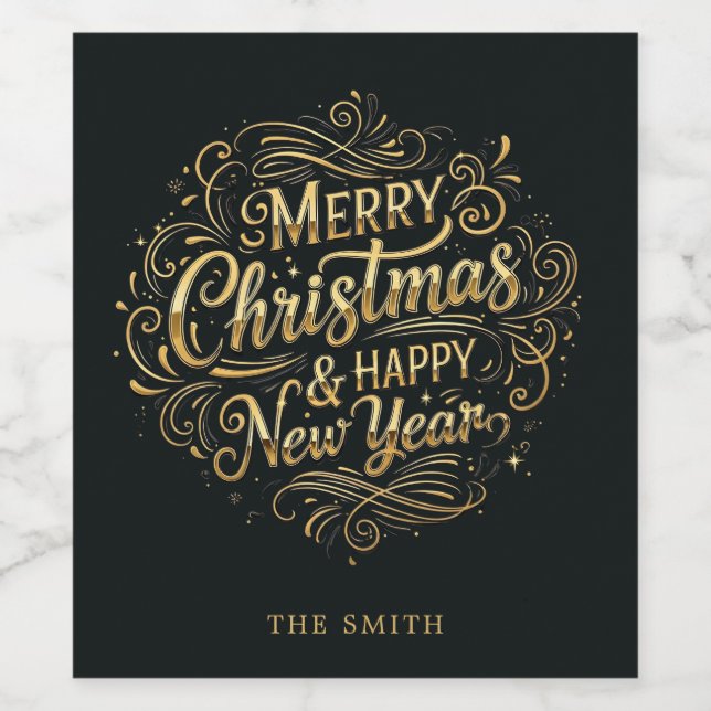 Etiqueta de vino Black and Gold Merry Christmas Sc (Etiqueta única)