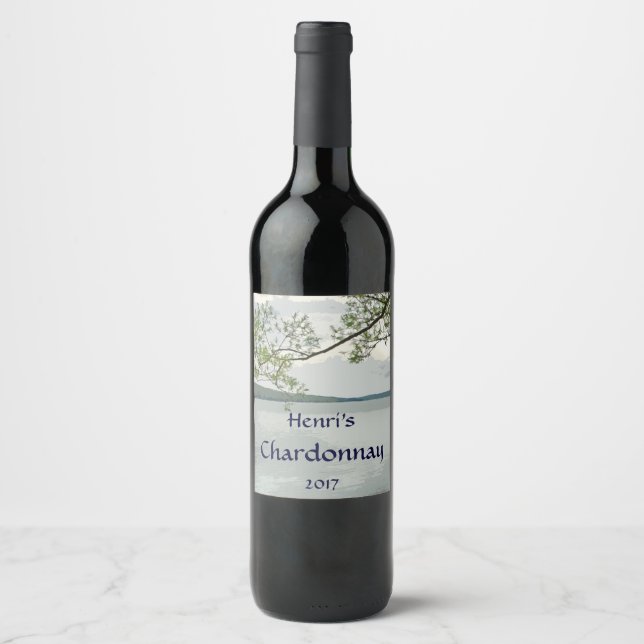 Etiqueta de vino blanco de lago y árbol silvestre (Anverso)