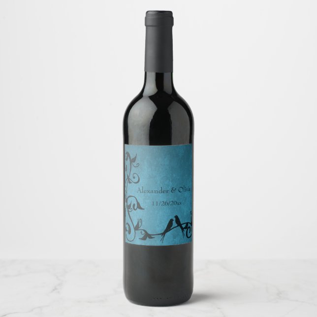 Etiqueta de vino Boda Blue Lovebirds (Anverso)