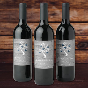 Etiqueta de vino Boda de árbol azul del corazón