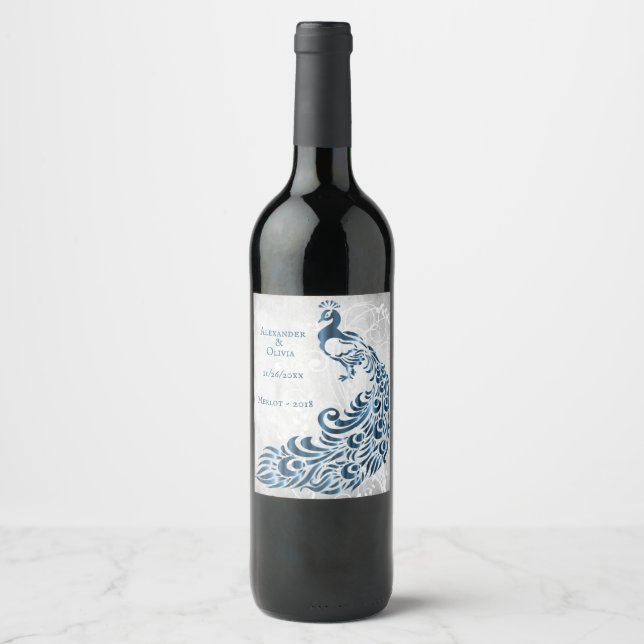 Etiqueta de vino Boda de hoja de pavo real azul (Anverso)
