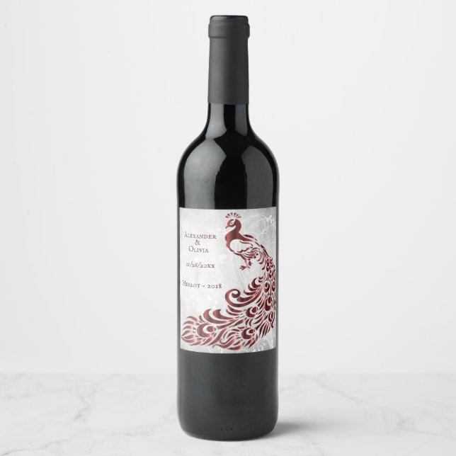 Etiqueta de vino Boda de hoja de pavo real roja (Anverso)