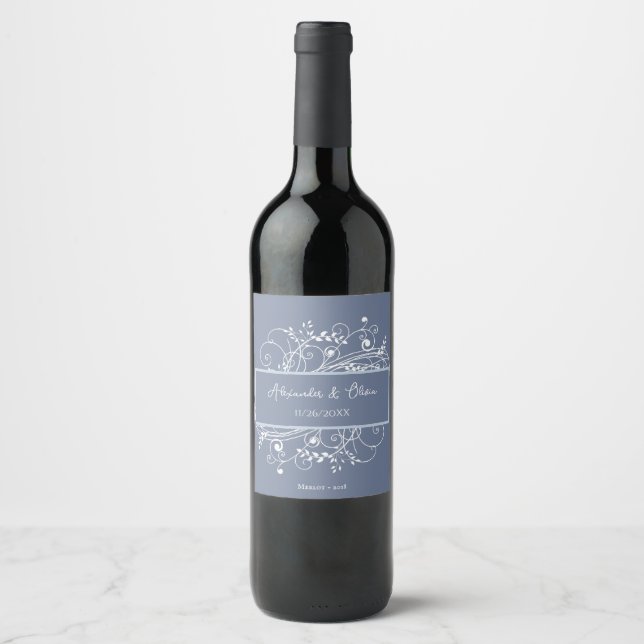 Etiqueta de vino Boda Dusty Blue Flourish (Anverso)